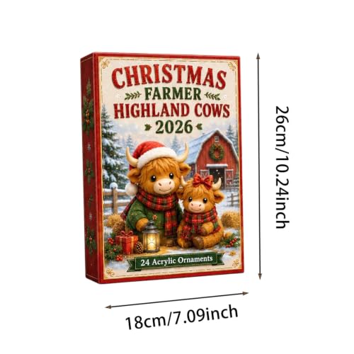 Christmas Highland Cow Advent Calendar 24 Acrylic Ornaments - Red2 Variation