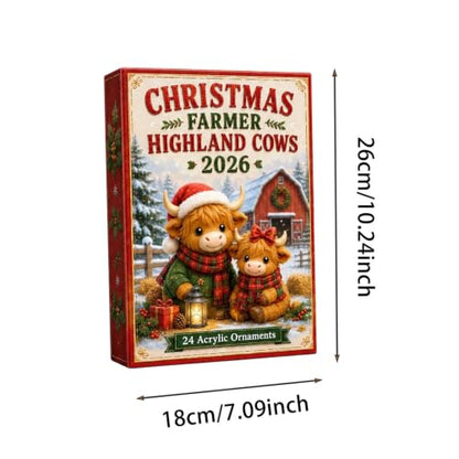 Christmas Highland Cow Advent Calendar 24 Acrylic Ornaments - Red2 Variation