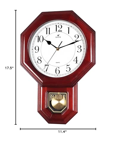 JUSTIME Traditional Schoolhouse Solid Wood Pendulum Wall Clock Chimes Hourly with Westminster Melody Chime Made in Taiwan (Red Wood w/Westminster Chime)