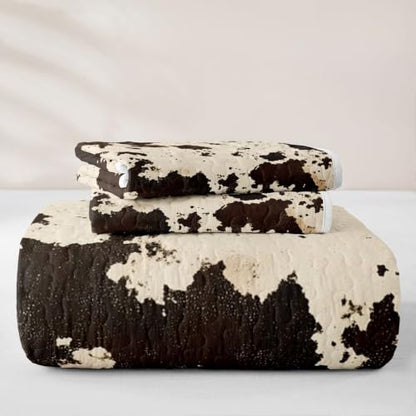 Cowhide Quilt Set with Pillowcases - Black White Full Bedding Set - All Season Microfiber Bedspread