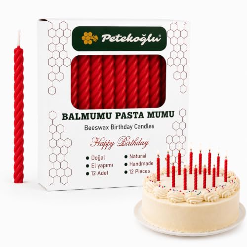 Petekoglu Handmade Beeswax Birthday Cake Candles - Red, 12 Pack Mini Twisted Candles
