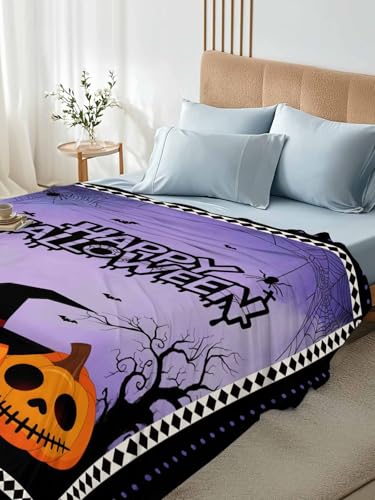 Halloween Twin Flat Sheet - Purple Bats & Pumpkin Design, Luxury Hotel Quality Bedding