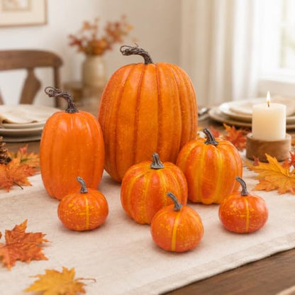 7-Piece Artificial Pumpkins Set for Fall Harvest Decor - Rustic Autumn Decorations
