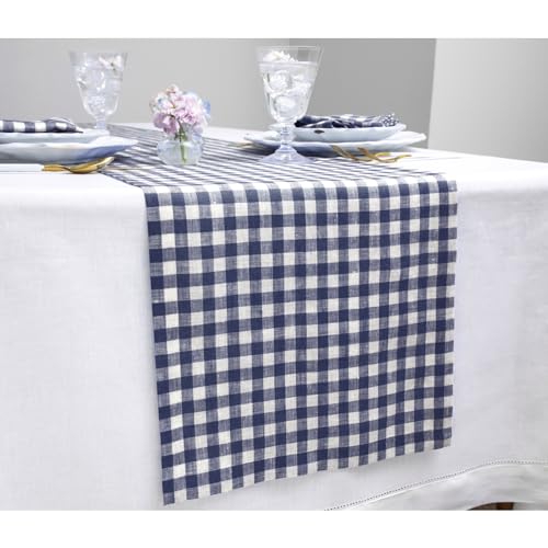 Navy Gingham Check Linen Table Runner - 14 x 60 Inches - Solino Home