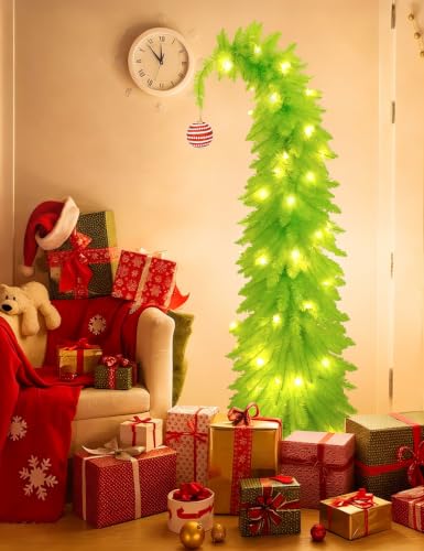 6FT Lime Green Christmas Tree with Whimsical Design, Tree Skirt & Red Ornament Set