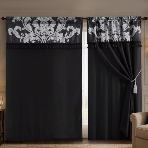 Black Silver Jacquard Floral Window Curtain Set with Sheer Backing and Tassels