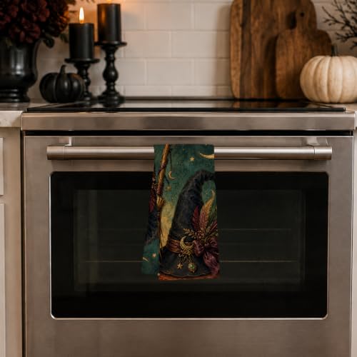 Halloween Kitchen Towel Witch Hat Broom and Crescent Moon Variation - Gothic Fall Decor