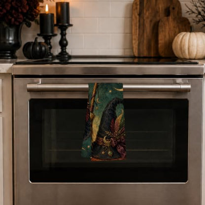 Halloween Kitchen Towel Witch Hat Broom and Crescent Moon Variation - Gothic Fall Decor
