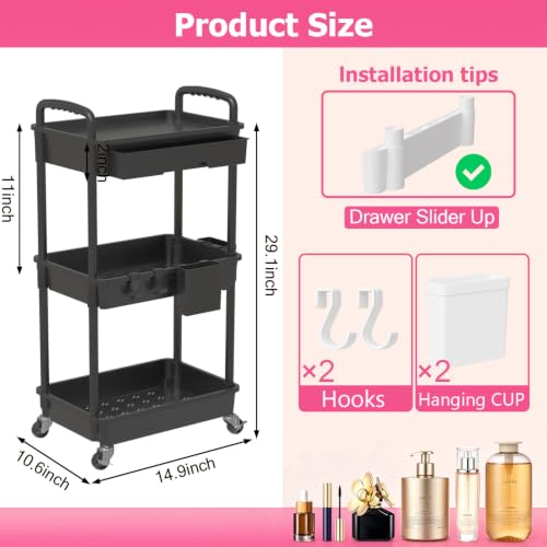 Black 3-Tier Rolling Makeup Cart with Drawer and Side Cups