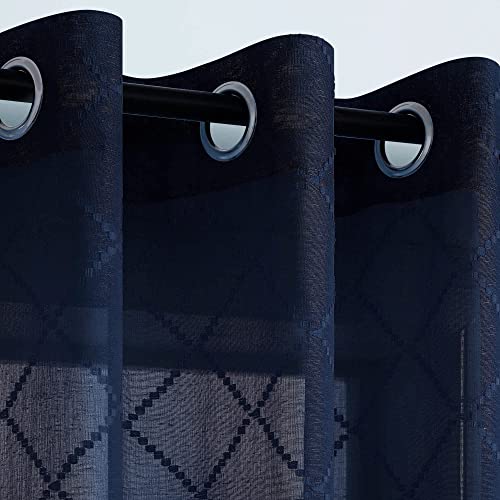 Navy Blue Sheer Curtains 52W x 84L Set of 2 Diamond Embroidered Drapes for Living Room & Bedroom - Winter Holiday Decor