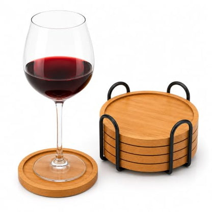 Bamboo Coaster Set with Holder - Natural Water-Resistant Drink Coasters for Home & Office