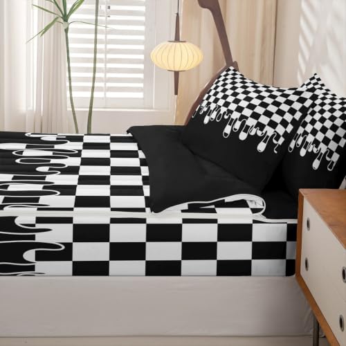Kids Full Size Plaid Comforter Set with Zipper Bed Cover and Fitted Sheet - Black White