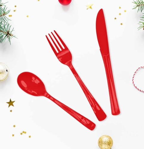 Red Disposable Cutlery Set - Heavy Duty Plastic Knives Forks Spoons for Parties