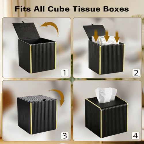 Black Square Tissue Box Cover - Modern Leather Tissue Holder for Home Office Car