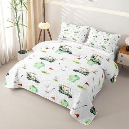 Full Bed Golf Quilt Set with Pillowcases - White Green, 3 Pieces