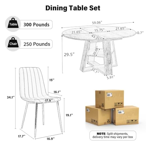 Black Extendable Round Dining Table Set for 4 - 43.3-59 Inch with Upholstered Chairs