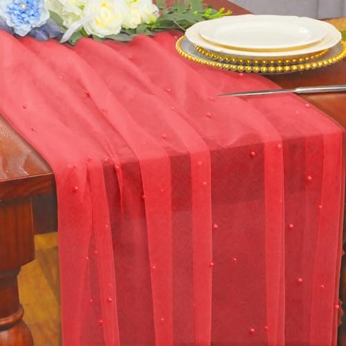 Pearl Red Table Runner 10FT - Tulle Gauze Decor for Weddings & Parties - Red / 1