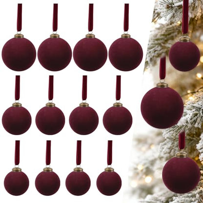 Burgundy Velvet Christmas Ornaments - Set of 12 Flocked Holiday Decor