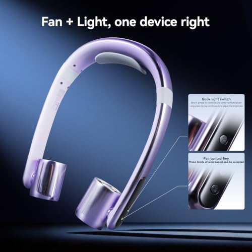 Purple Portable Neck Fan with Book Light Hands-Free Wearable Cooling Device
