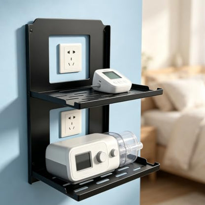 2‑Tier Foldable Wall Mount Router Shelf - Black Metal, 10" Wide