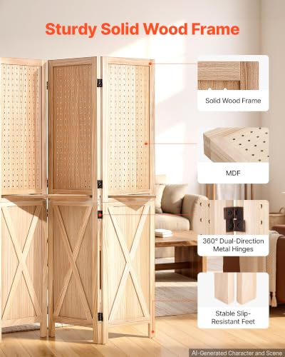 Wood Room Divider Pegboard Folding Privacy Screen with Shelves - Natural Finish