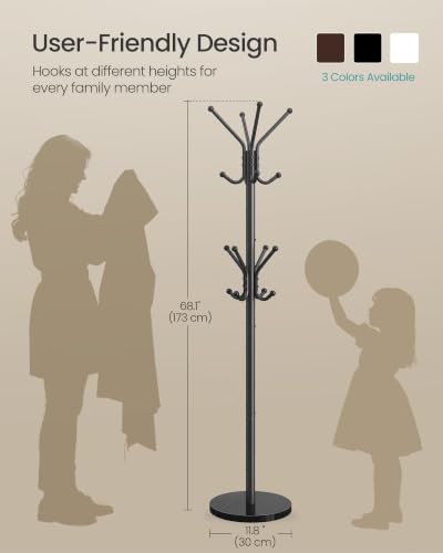 Black Freestanding Coat Rack with 16 Hooks and Marble Base - Steel Hall Tree