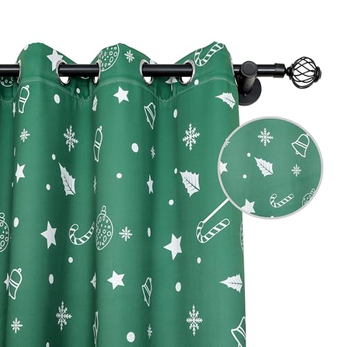 Green Xmas Curtains 52x84 Inches Pack of 2 Snowflakes & Stars Printed Blackout Window Drapes