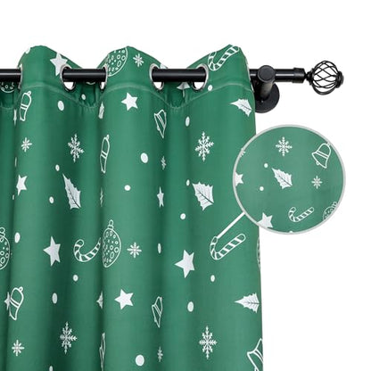 Green Xmas Curtains 52x84 Inches Pack of 2 Snowflakes & Stars Printed Blackout Window Drapes
