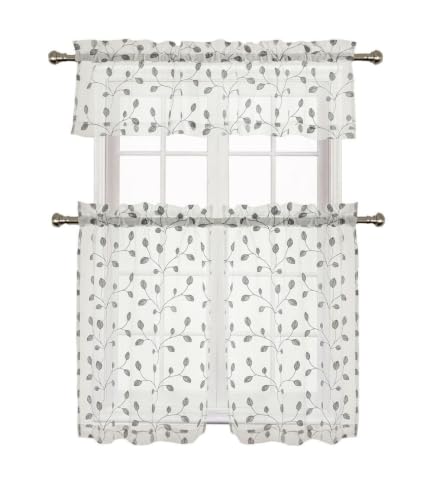 Silver 3-Piece Sheer Kitchen Curtain Set with Embroidered Leaves - 58" W x 36" L, Variation of Silver / 58W x 36L