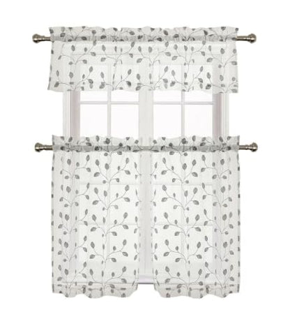 Silver 3-Piece Sheer Kitchen Curtain Set with Embroidered Leaves - 58" W x 36" L, Variation of Silver / 58W x 36L