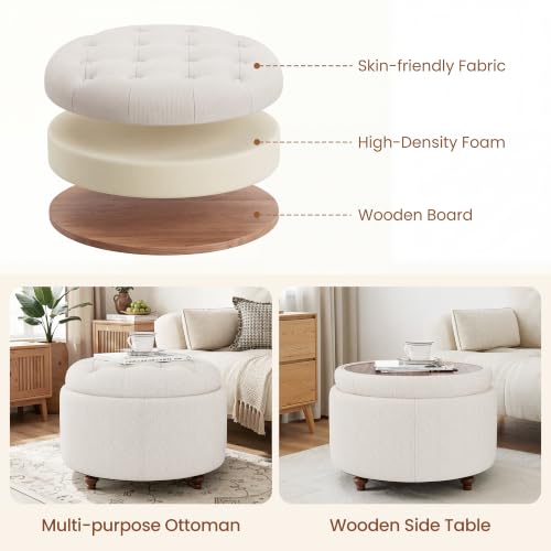 Round Ottoman with Storage and Reversible Tray - Camel, 25 Inch