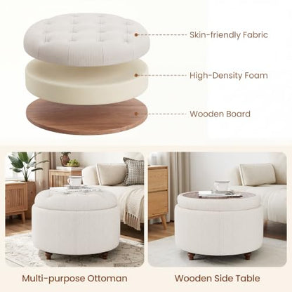 Round Ottoman with Storage and Reversible Tray - Camel, 25 Inch