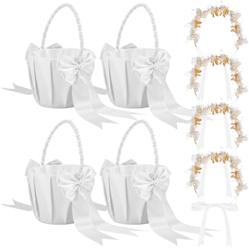 Wedding Flower Girl Basket with Pearl Handle & Headpiece Ivory Set