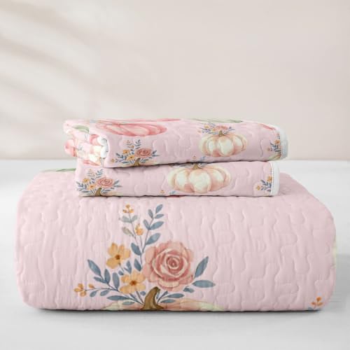 Pink Autumn Pumpkin Quilted Bedspread Full Size - Rose Floral 3-Piece Bedding Set