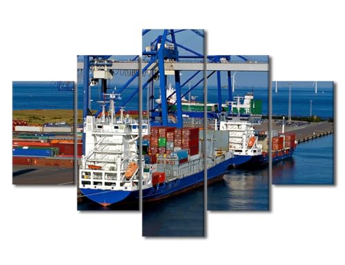 60x40 Inch Canvas Wall Art Container Ship and Crane - Ready to Hang, 5 Panels - Port Scene Artwork