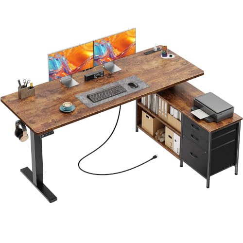 Standing Desk with Outlets, Cabinet & Shelves - Rustic Brown, 55.1 Inches