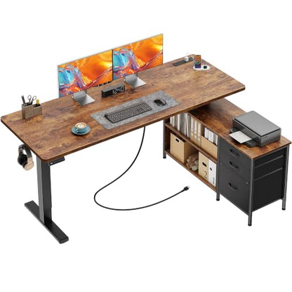 Standing Desk with Outlets, Cabinet & Shelves - Rustic Brown, 55.1 Inches