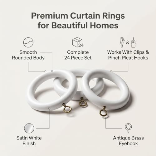 White Wooden Curtain Rings with Eye Hooks - 1.75 Inch Inner Diameter, Set of 24