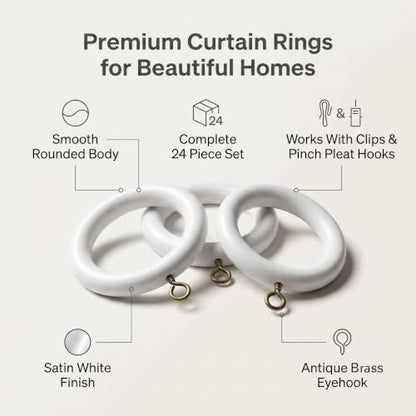 White Wooden Curtain Rings with Eye Hooks - 1.75 Inch Inner Diameter, Set of 24