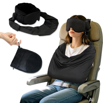 Black Airplane Sleep System with Eye Mask & Blanket - Long Flight Travel Essential