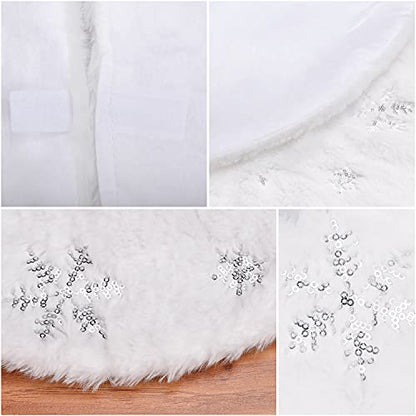 White Faux Fur Christmas Tree Skirt - 15 Inch Snow White Holiday Decor - Silver Trim, Variation: White & Silver 15in