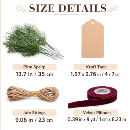 Holiday Gift Packaging Set with Pine Picks Ribbon Tags - Wine Red
