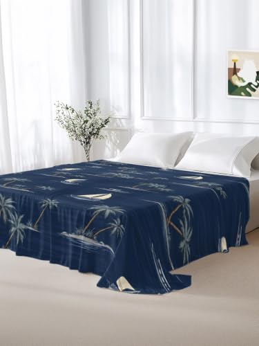 California King Flat Sheet Navy Blue Microfiber Bed Sheets Summer Sea Sailboat & Palm Tree Design - Deep Navy / Slate Blue