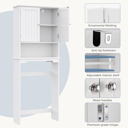 Over Toilet Storage Cabinet with Double Doors - Matte White Bathroom Shelves