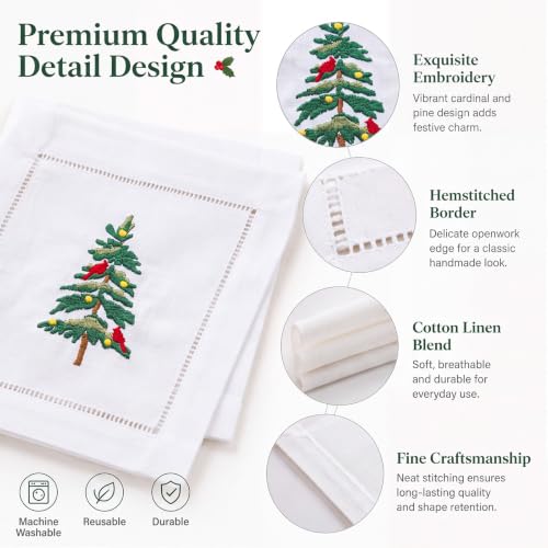 Christmas Tree Embroidered Cocktail Napkins - Set of 6, White