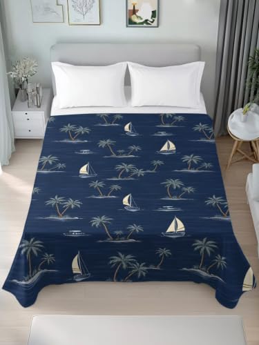 California King Flat Sheet Navy Blue Microfiber Bed Sheets Summer Sea Sailboat & Palm Tree Design - Deep Navy / Slate Blue