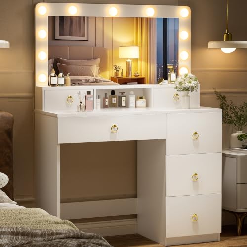 COMHOMA 32in Vanity Desk with Mirror & Lights - White & Gold with Divided Drawers, Open Shelf, 32in Cloud Gold Variation