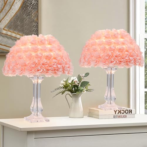 Pink Artificial Flower Bedside Table Lamp with Acrylic Base - Romantic Bedroom Decor