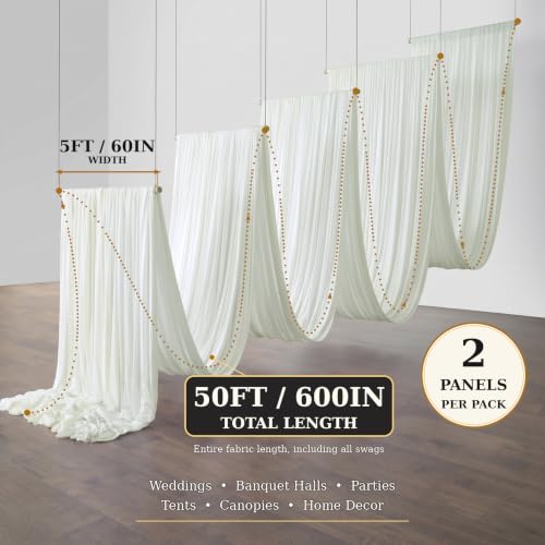 Ivory Ceiling Drapes 50ft Long for Wedding Party & Event Decor - Pack of 2