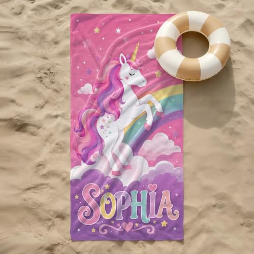 Personalized Unicorn Beach Towel for Girls - Custom Name Kids Pool & Sand Towel